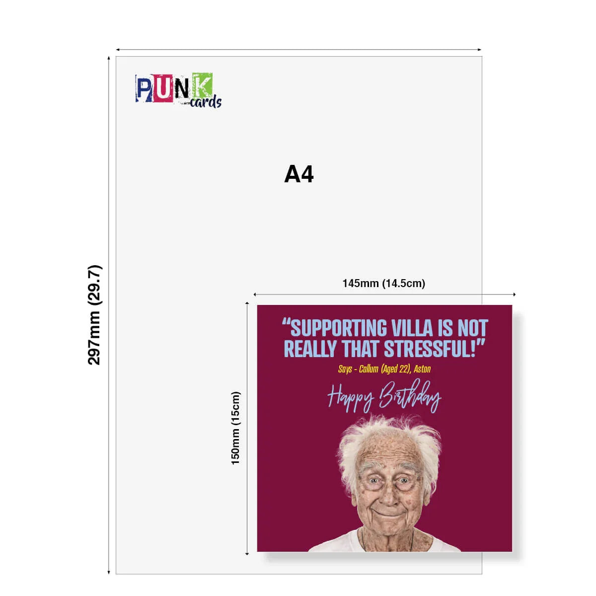Funny Aston Villa birthday card with elderly man and humorous quote, card size comparison to A4.