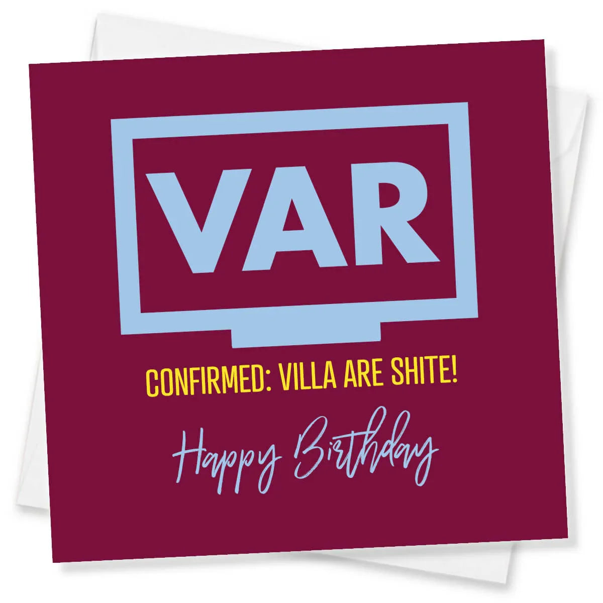 Funny Aston Villa themed VAR birthday card with humorous football insult and Happy Birthday text.