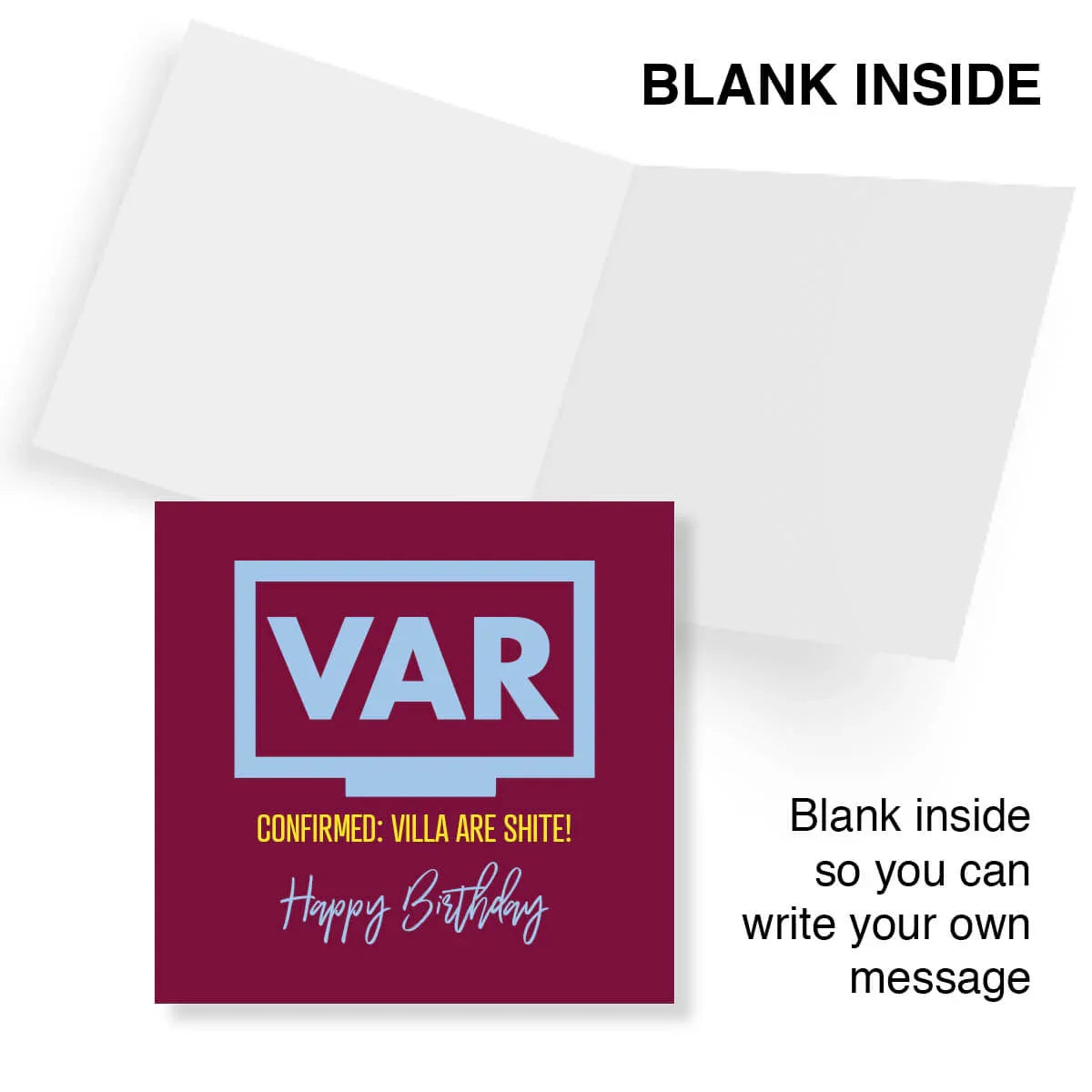 Funny Aston Villa birthday card with VAR joke, maroon cover, blank inside for message