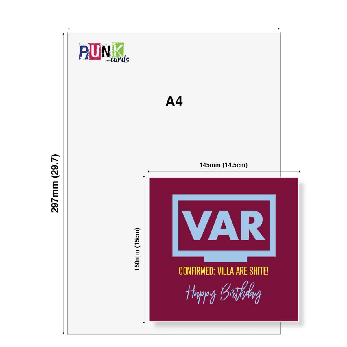 Funny VAR themed birthday card with maroon background and bold cheeky football message.