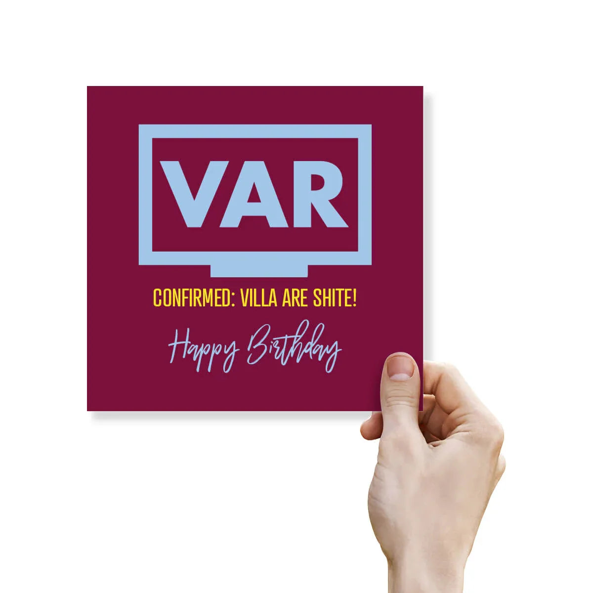 Funny rude Aston Villa VAR-themed birthday card held by a hand