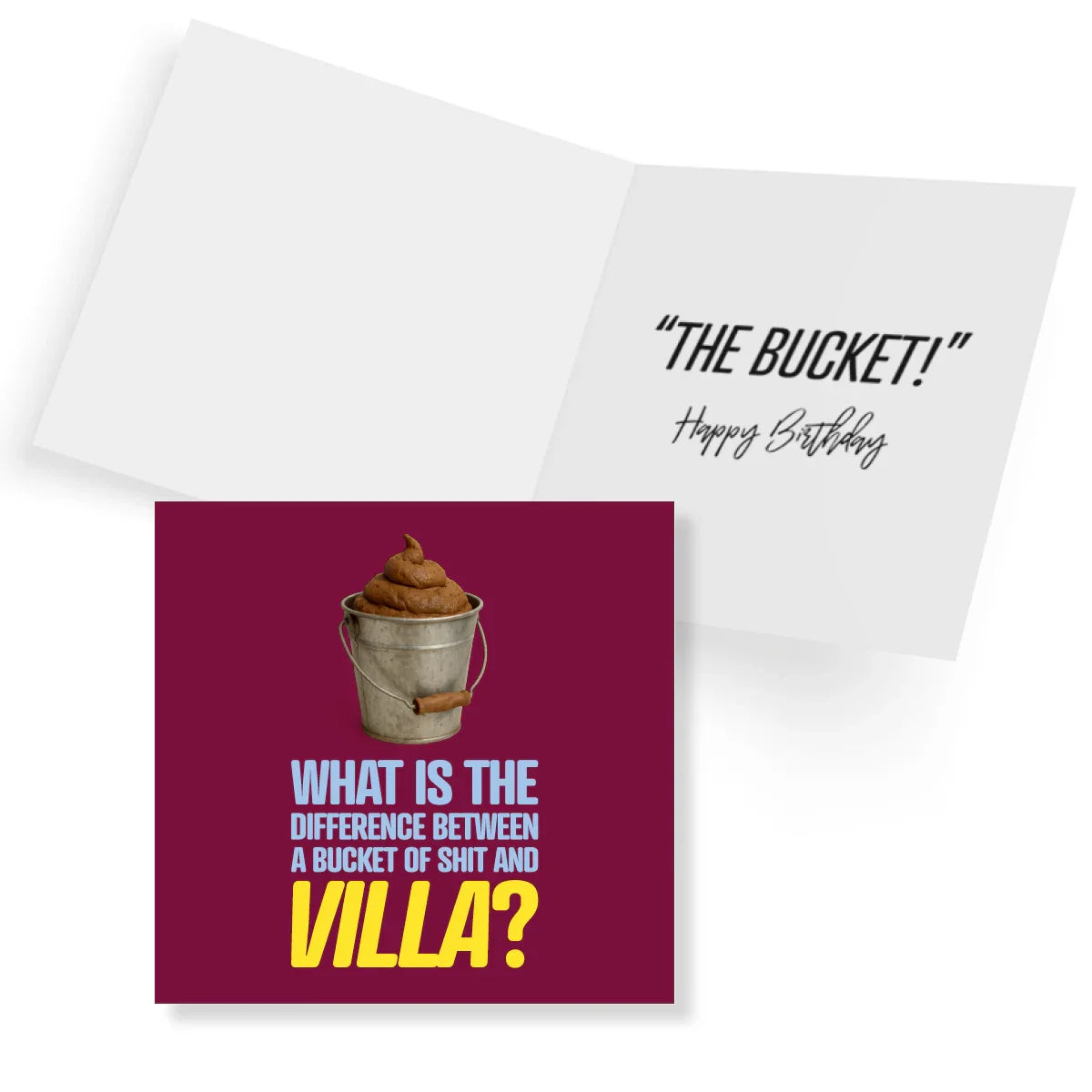 Birthday card with humorous text and graphic of a bucket of poop on a purple background