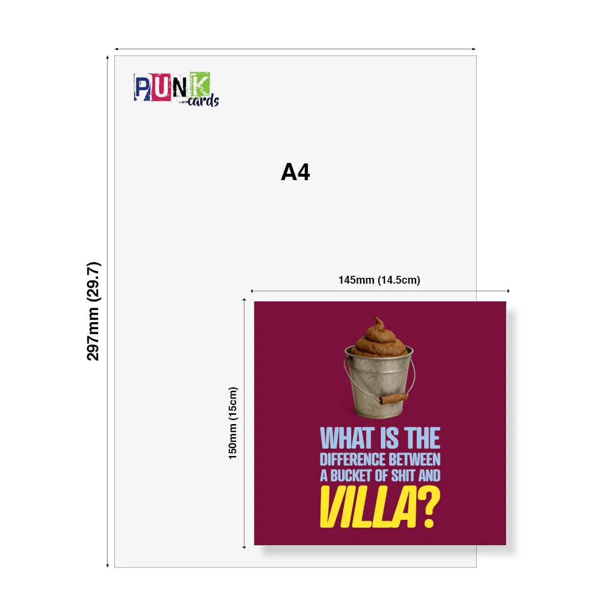 A4 size card with a humorous design and text on a white background