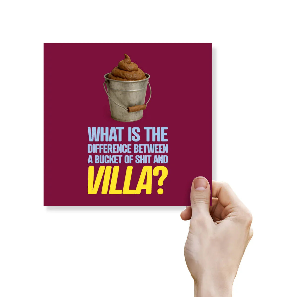 Card with a bucket of poop illustration and humorous text on a purple background, held by a hand.