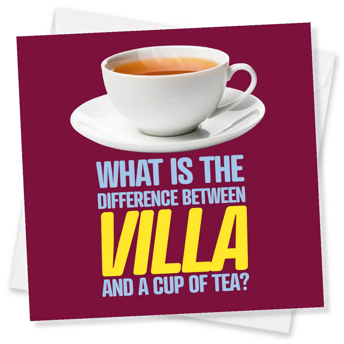 Card with a cup of tea and humorous text on a purple background