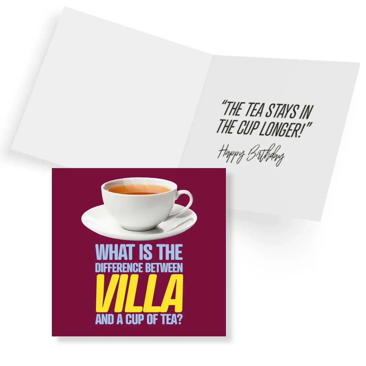 Greeting card with a cup of tea illustration and humorous text on a white background