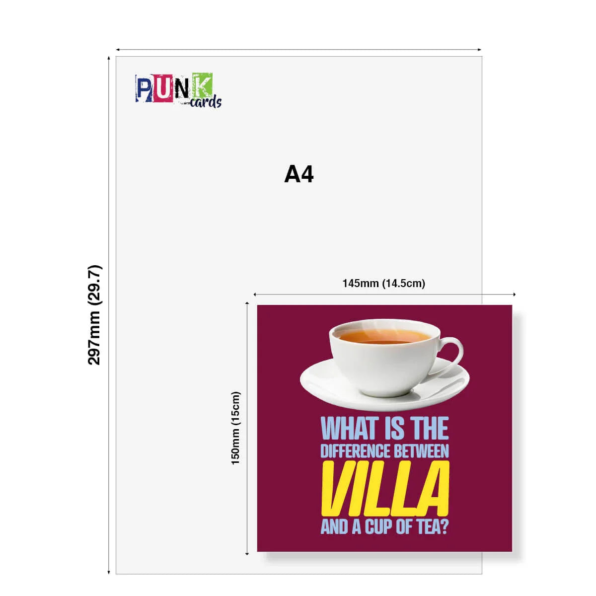 Punk Cards A4 size card with a cup of tea graphic and text on a white background