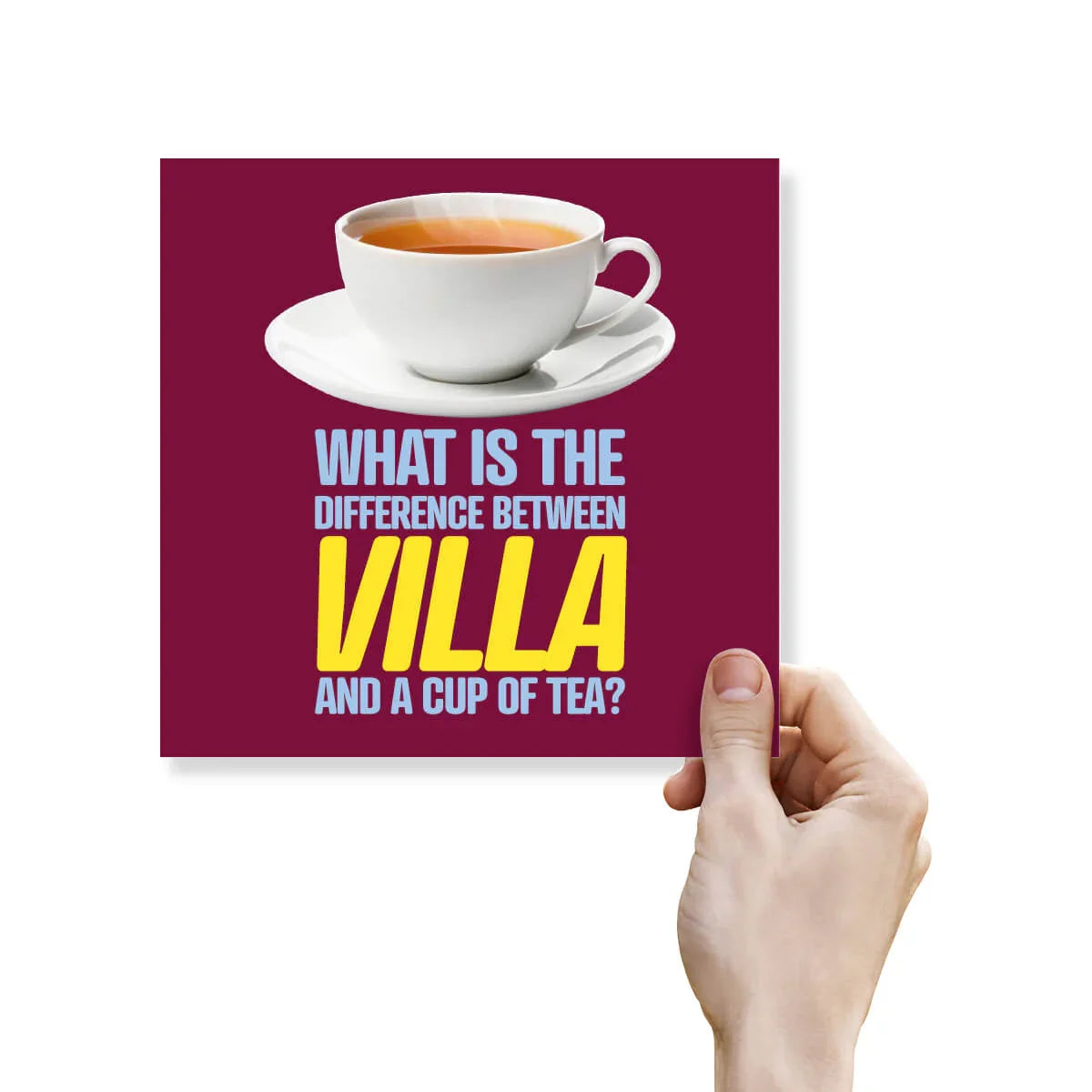 Card with a cup of tea illustration and text on a purple background, held by a hand.