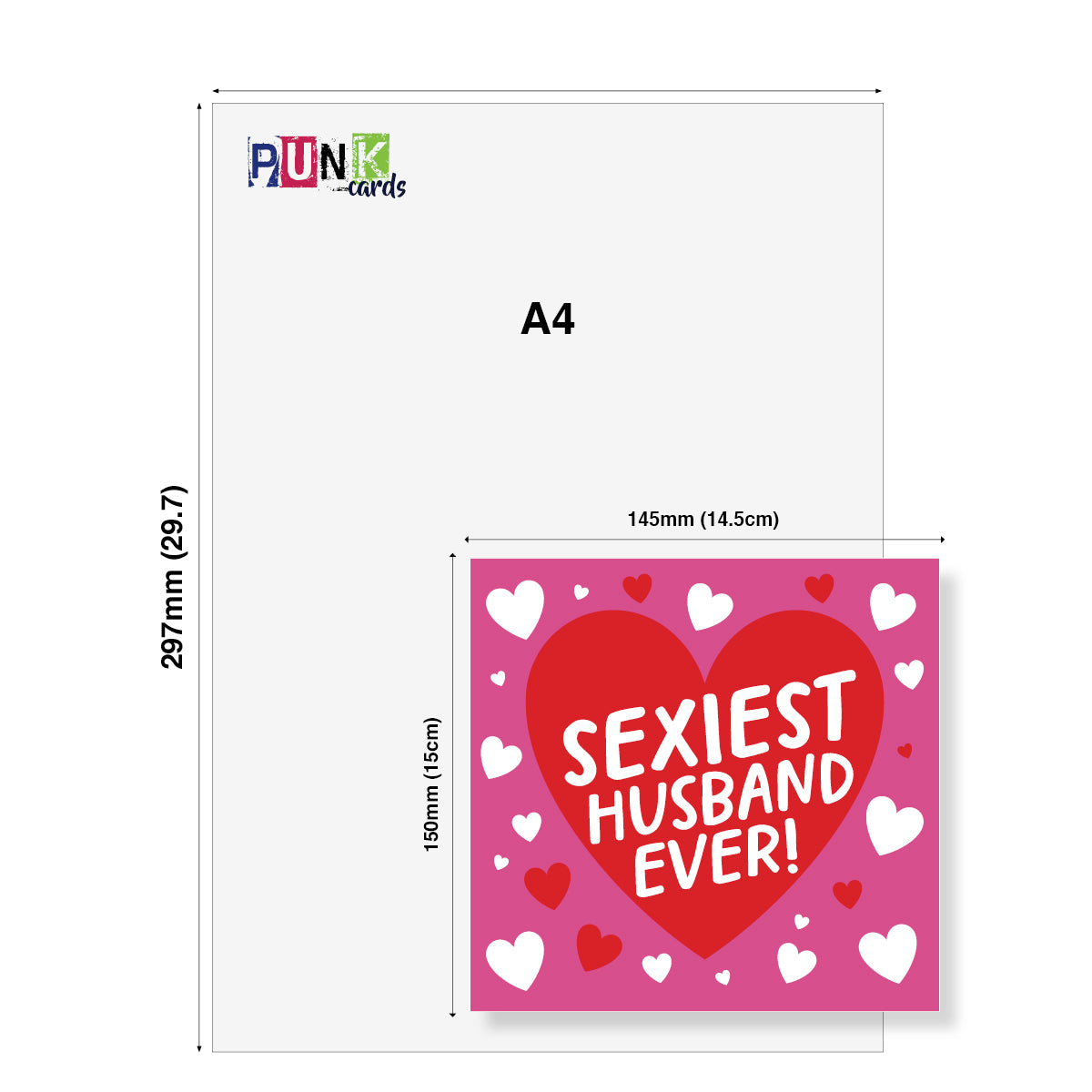 Greeting card with 'Sexiest Husband Ever!' text on a pink heart background, shown with dimensions.