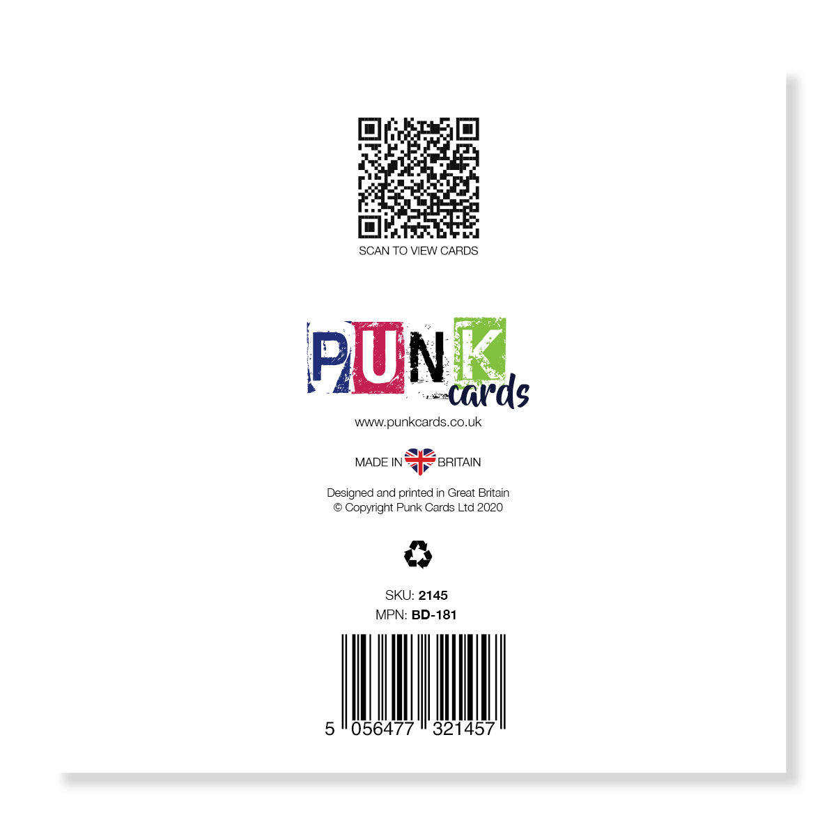Back of a card with QR code, brand logo, and text on a white background