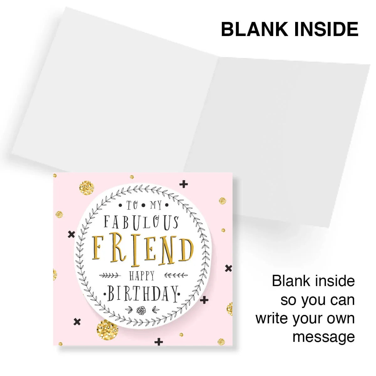 Greeting card with 'To my fabulous friend, happy birthday' text on a pink background
