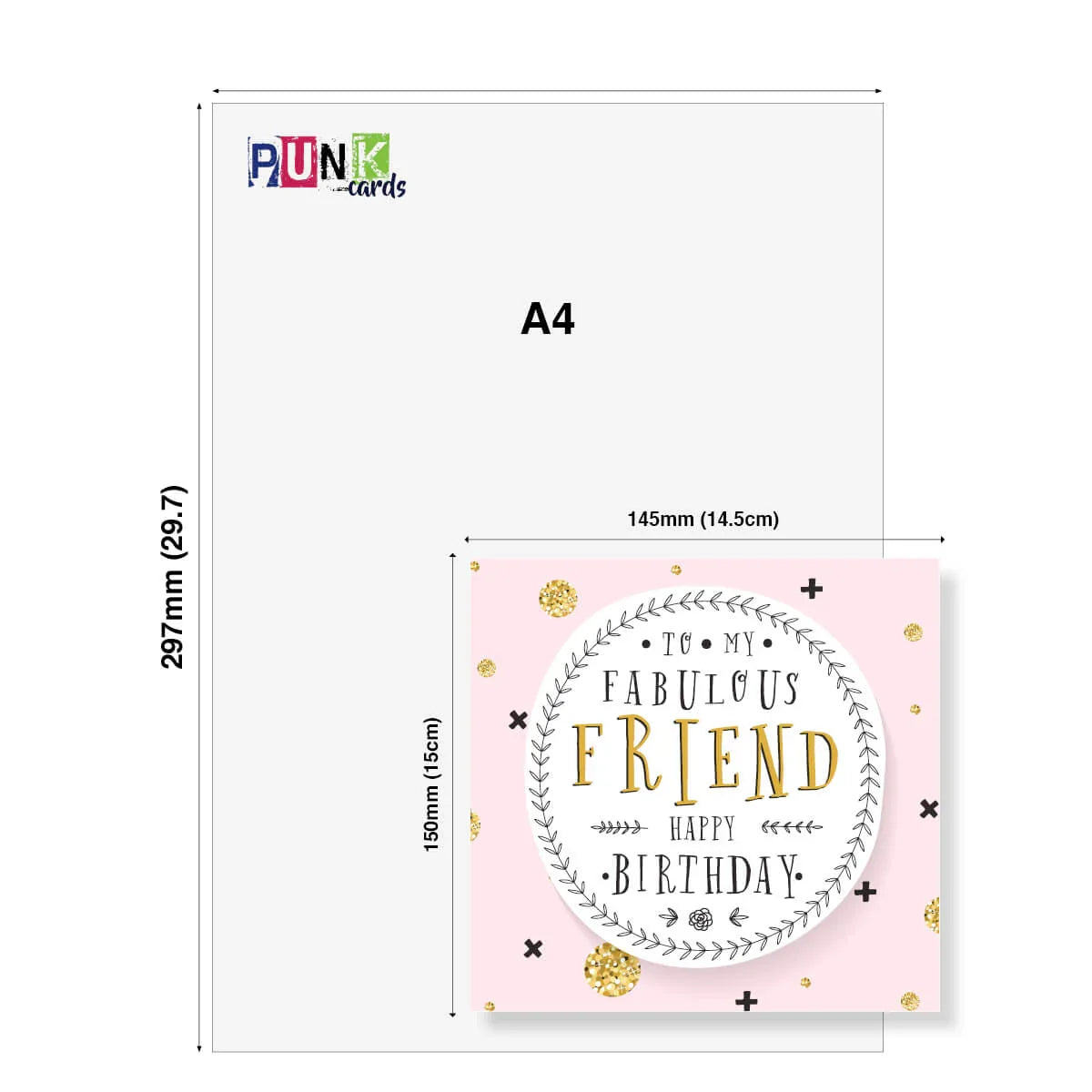 Greeting card with 'To my fabulous friend, happy birthday' text on a white background with dimensions indicated.