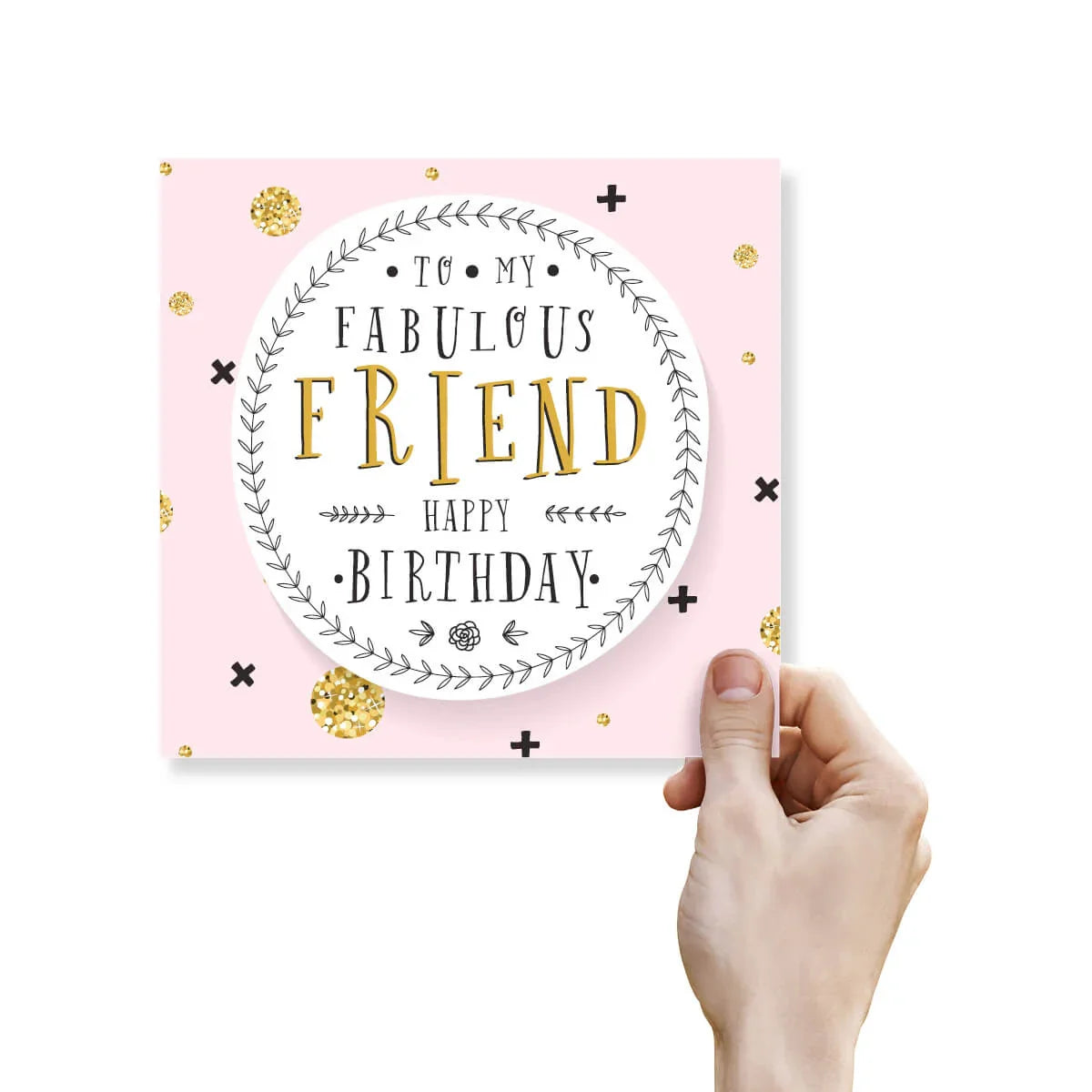 Hand holding a birthday card with decorative text on a pink background