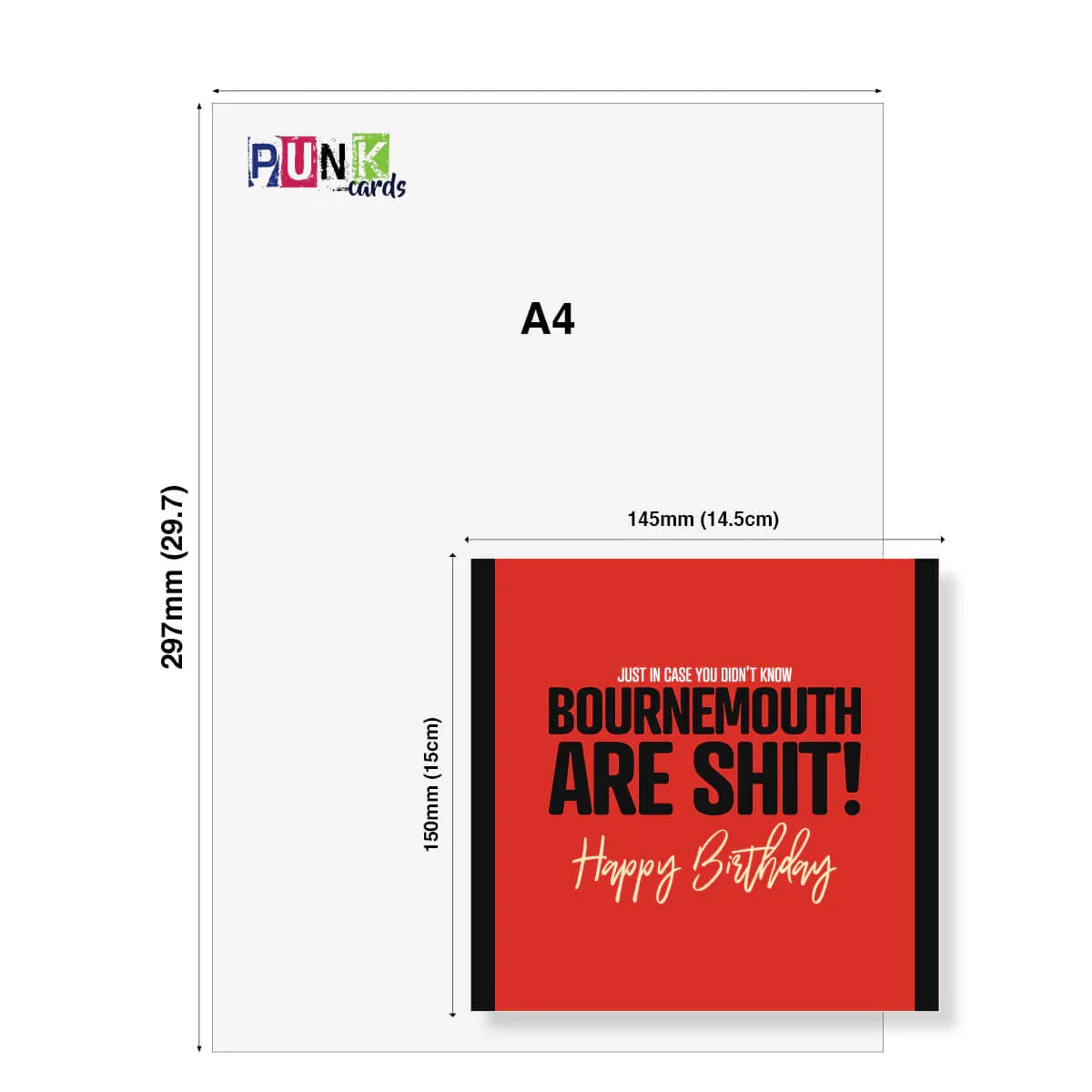Punk Cards A4 size card with text and dimensions shown