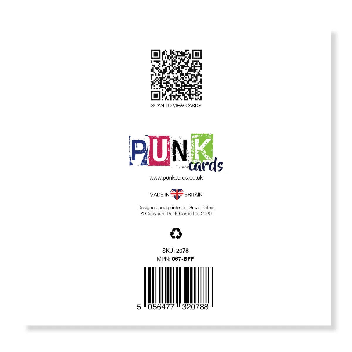 Back of greeting card with QR code, colorful logo, barcode, and UK flag print details.