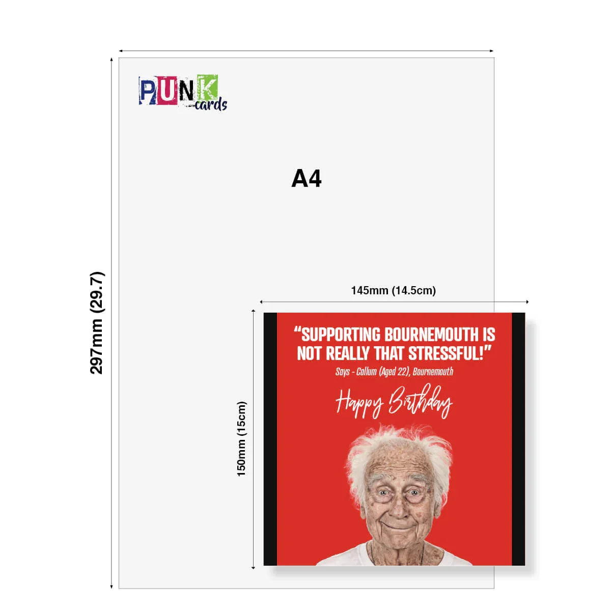 Funny Bournemouth birthday card with quote, elderly smiling man, red background, A5 size comparison.
