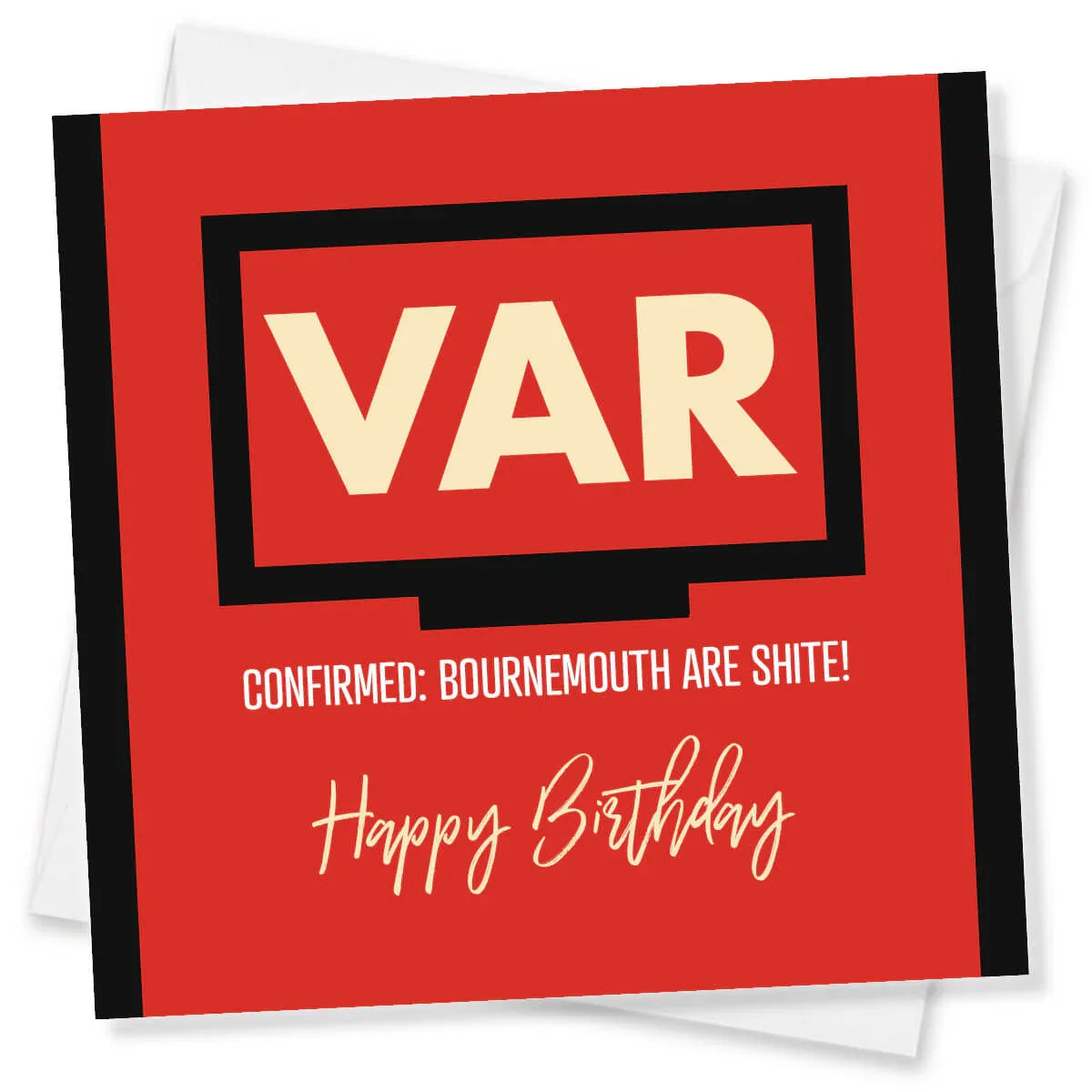 Funny football birthday card with VAR screen, cheeky Bournemouth message, and red design