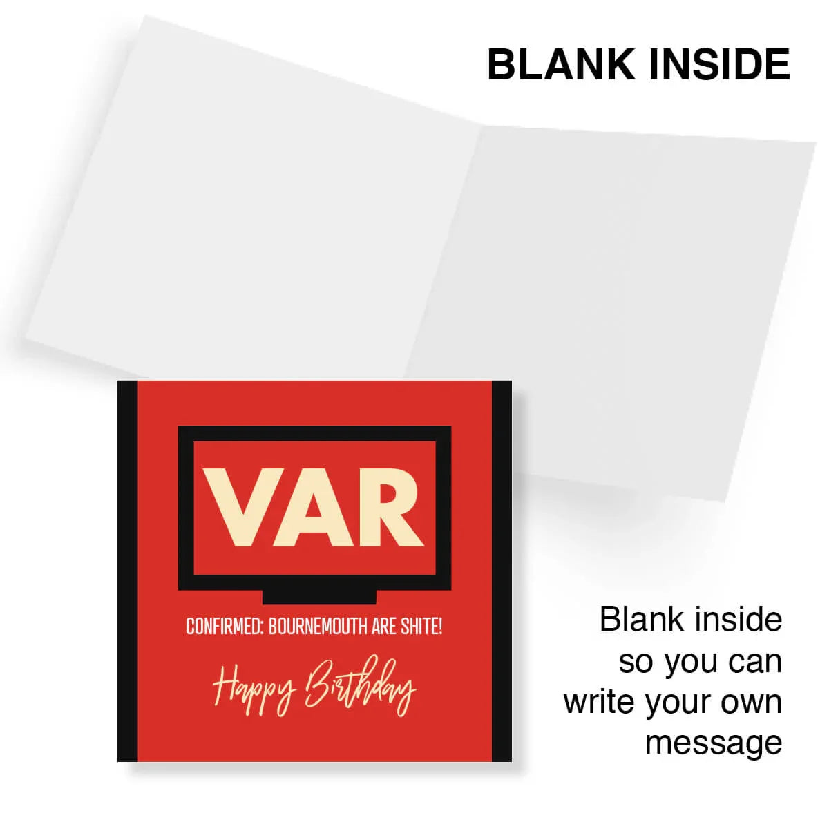 Funny red VAR birthday card with cheeky Bournemouth football message, blank inside for your note