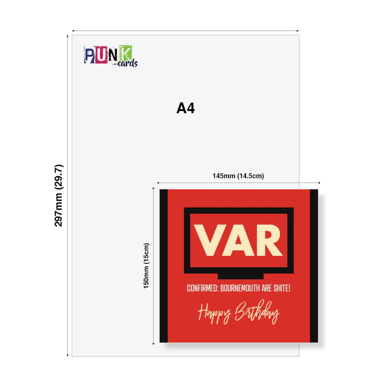 Funny red VAR birthday card with Bournemouth joke, beside A4 size comparison chart
