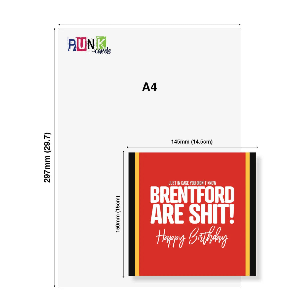 A4 size card with text and dimensions on a white background