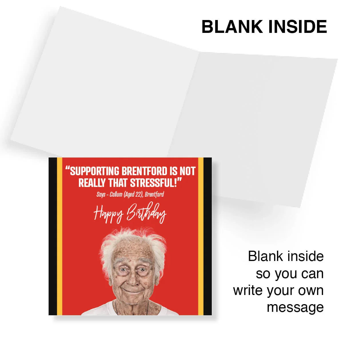 Greeting card with a red background featuring an elderly man's face and humorous birthday message.