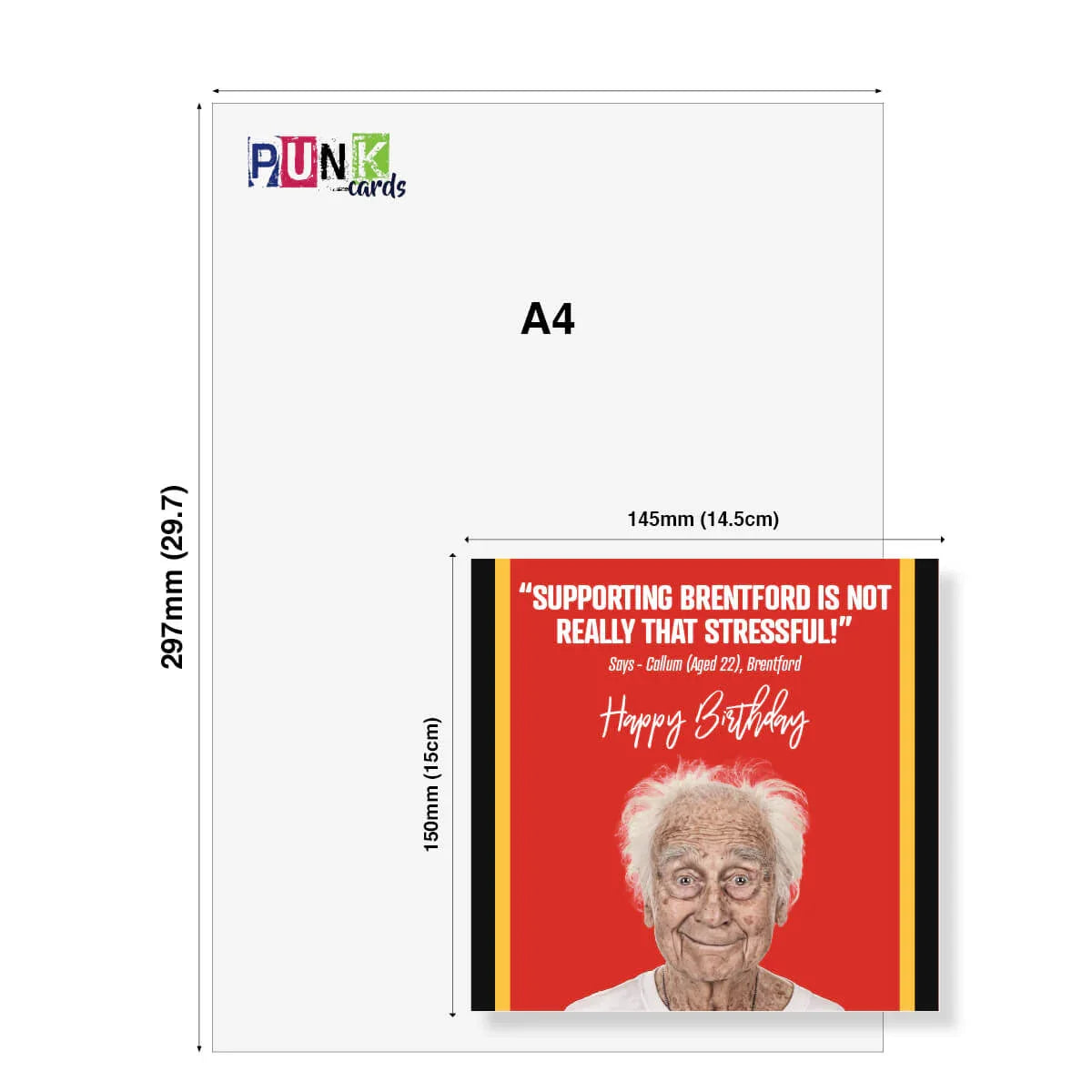 Product packaging with a humorous birthday message and dimensions displayed.