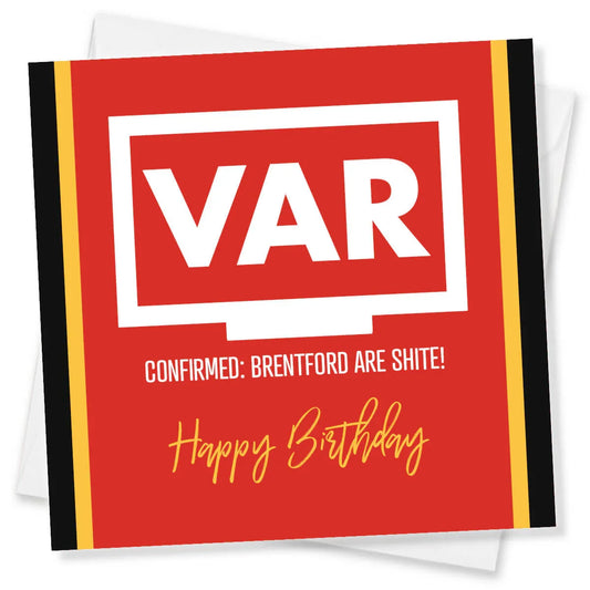 Birthday card with 'VAR' and humorous text on a red background