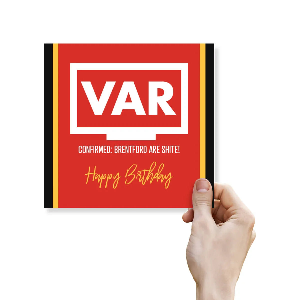 Hand holding a birthday card with 'VAR' and humorous text on a white background