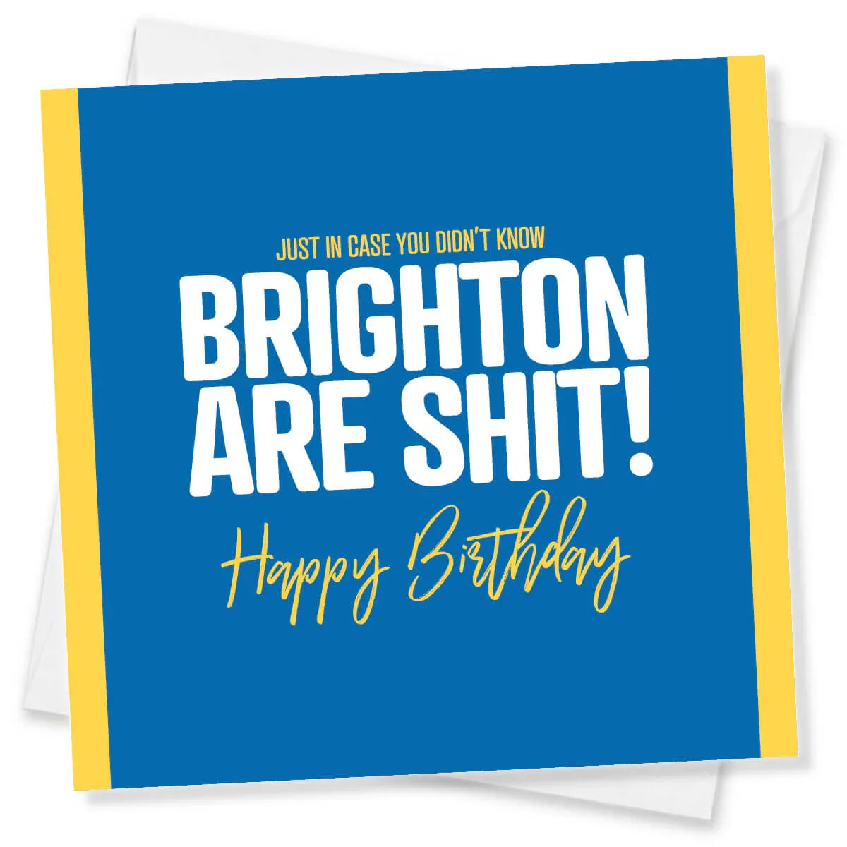 Blue birthday card with yellow text and envelope