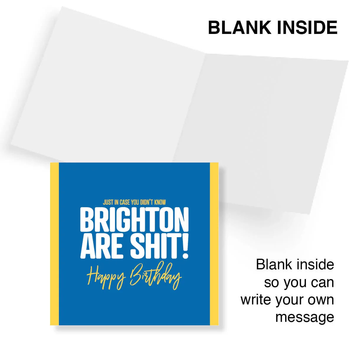 Greeting card with blue background and yellow text, featuring a humorous message.