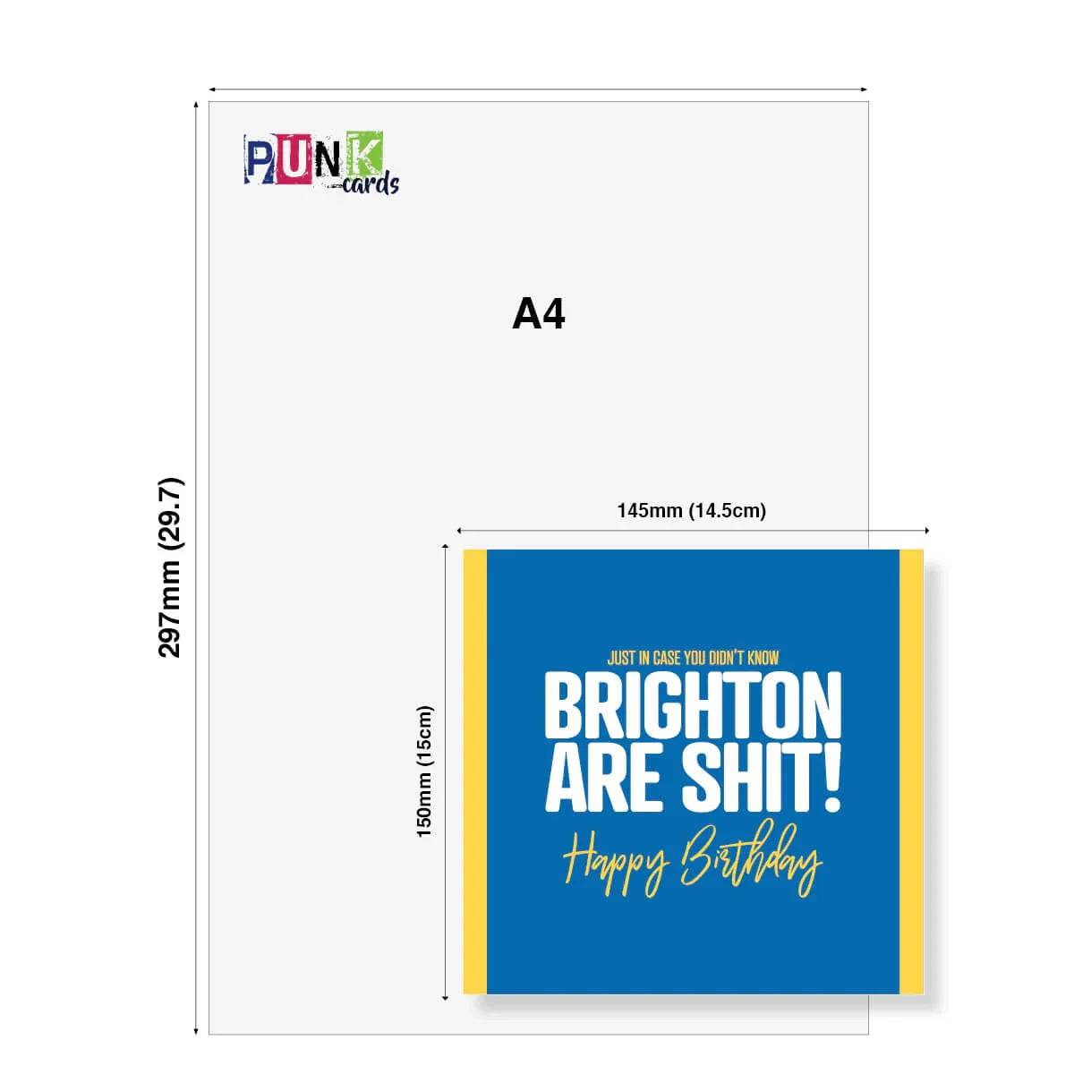 Greeting card with text 'Just in case you didn't know, Brighton are shit! Happy Birthday' on a blue background, displayed with dimensions.
