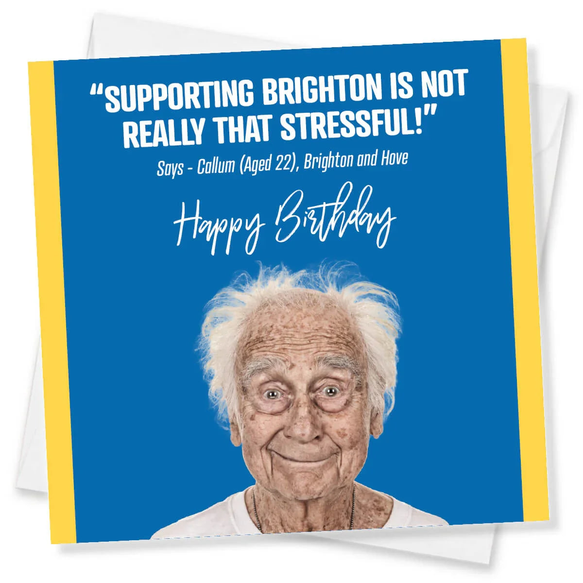 Birthday card with an elderly man's face and humorous text on a blue background