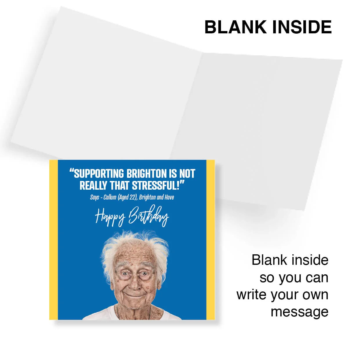 Greeting card with an elderly man's face and humorous birthday message on a blue background.