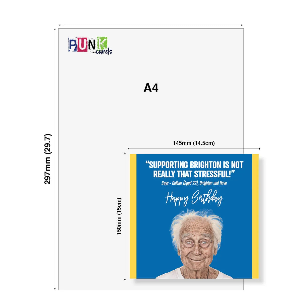 Punk Cards packaging with dimensions and a birthday card design featuring an elderly man.