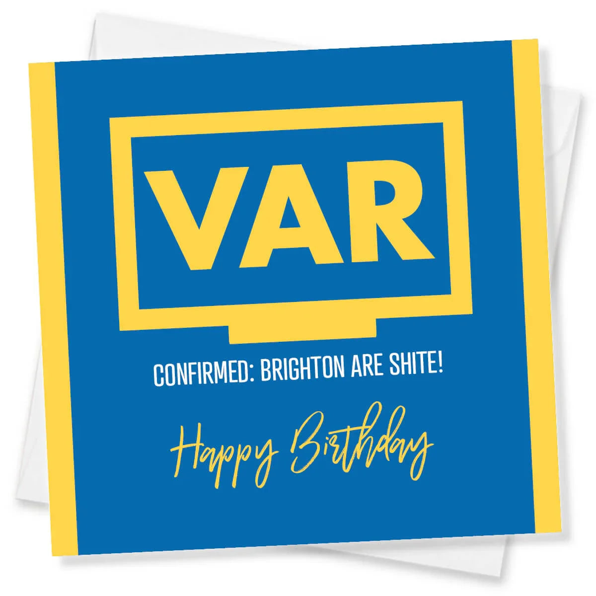 Blue card with yellow text and 'VAR' on a white background
