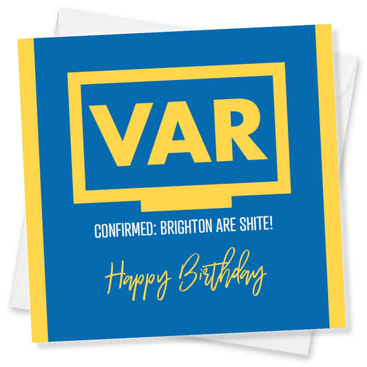Blue card with yellow text and 'VAR' on a white background
