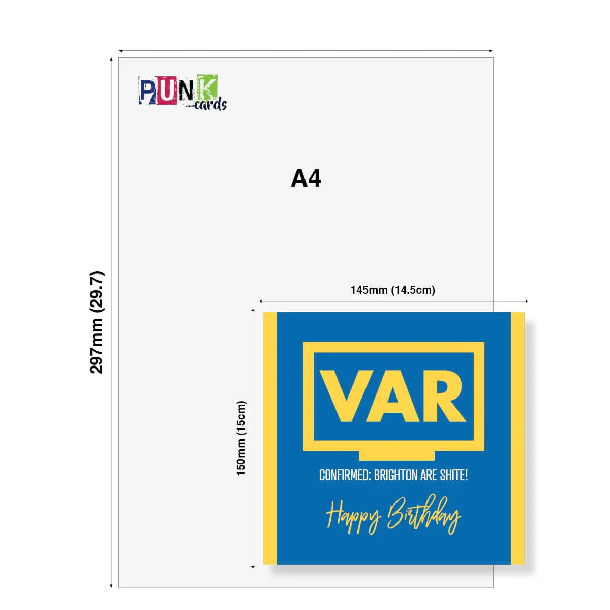 Greeting card with 'VAR' design and dimensions on a white background