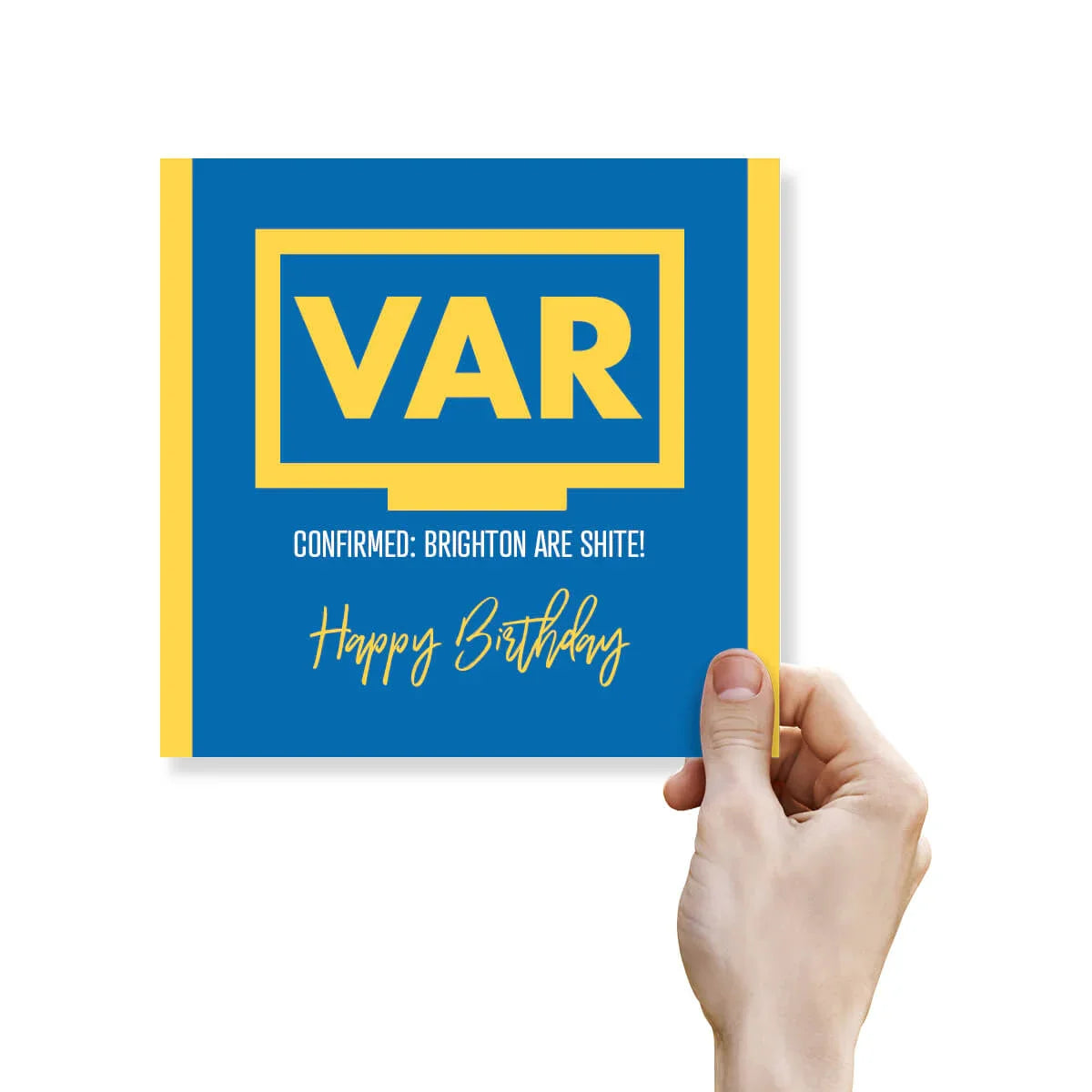Hand holding a blue card with yellow text and 'VAR' on a white background