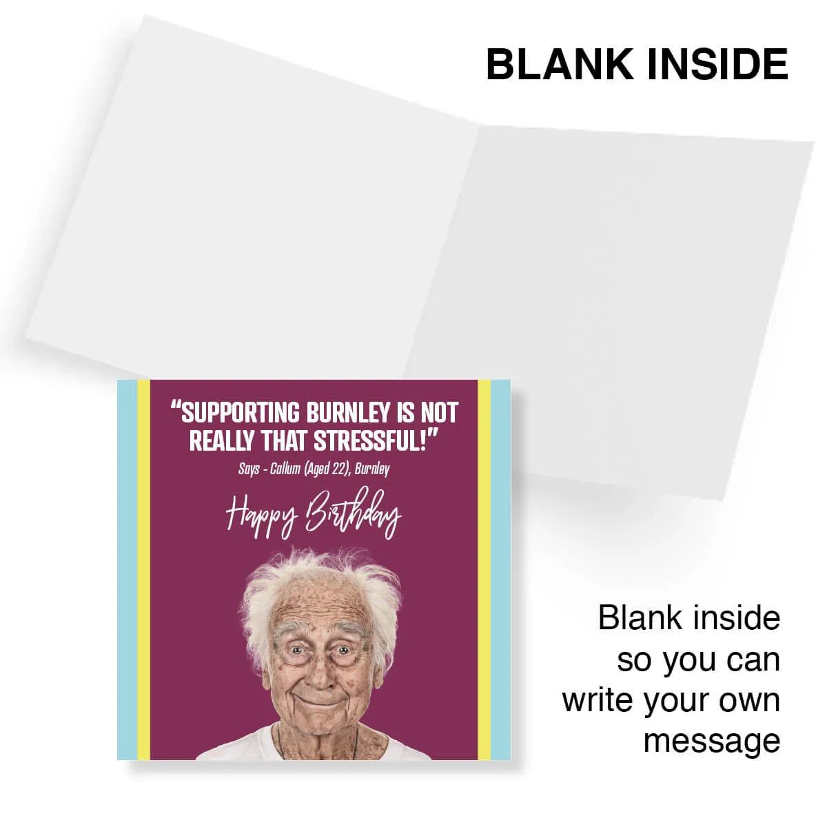 Greeting card with an elderly man's face and humorous birthday message on a purple background.