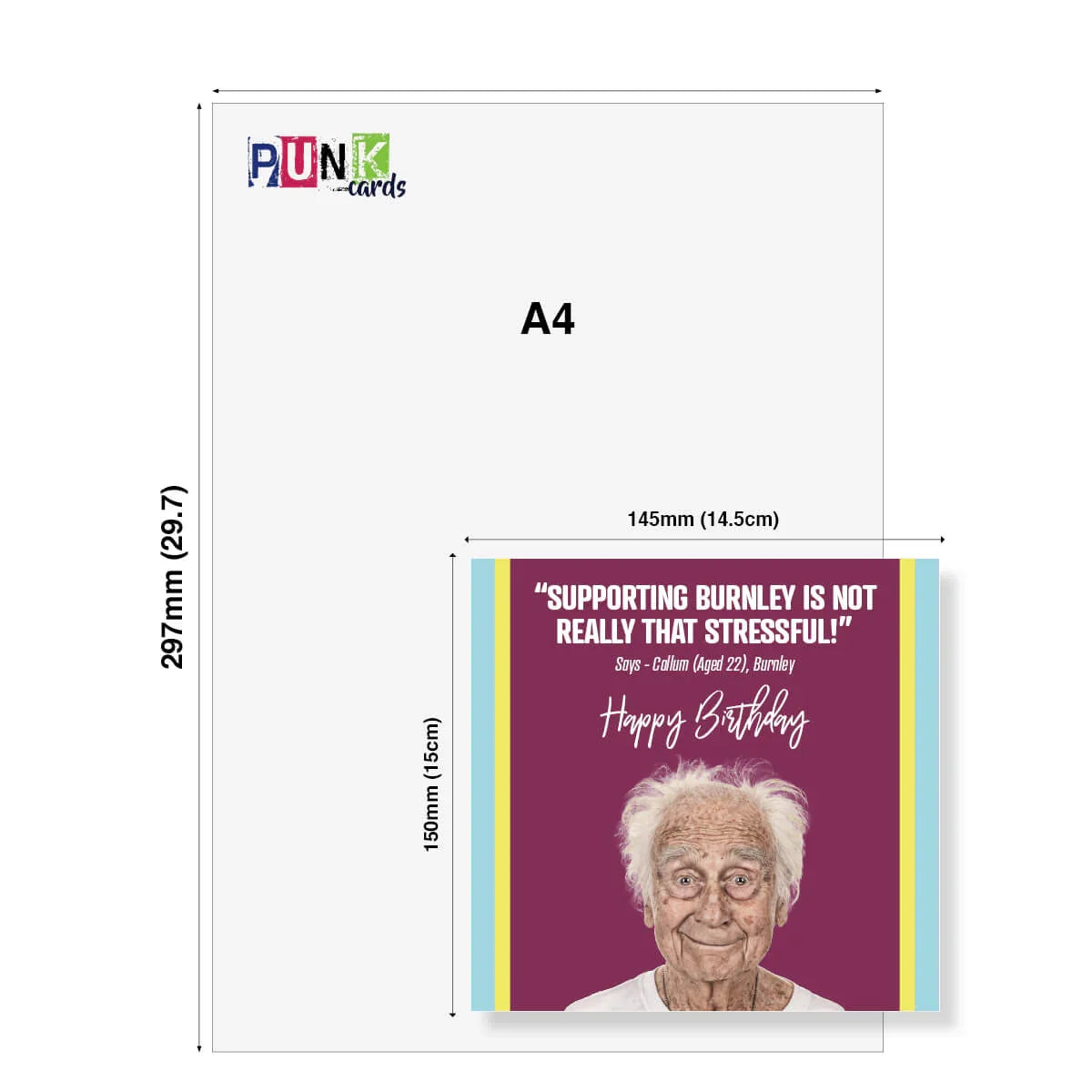 Greeting card with an elderly man's face and text, displayed with A4 paper dimensions.