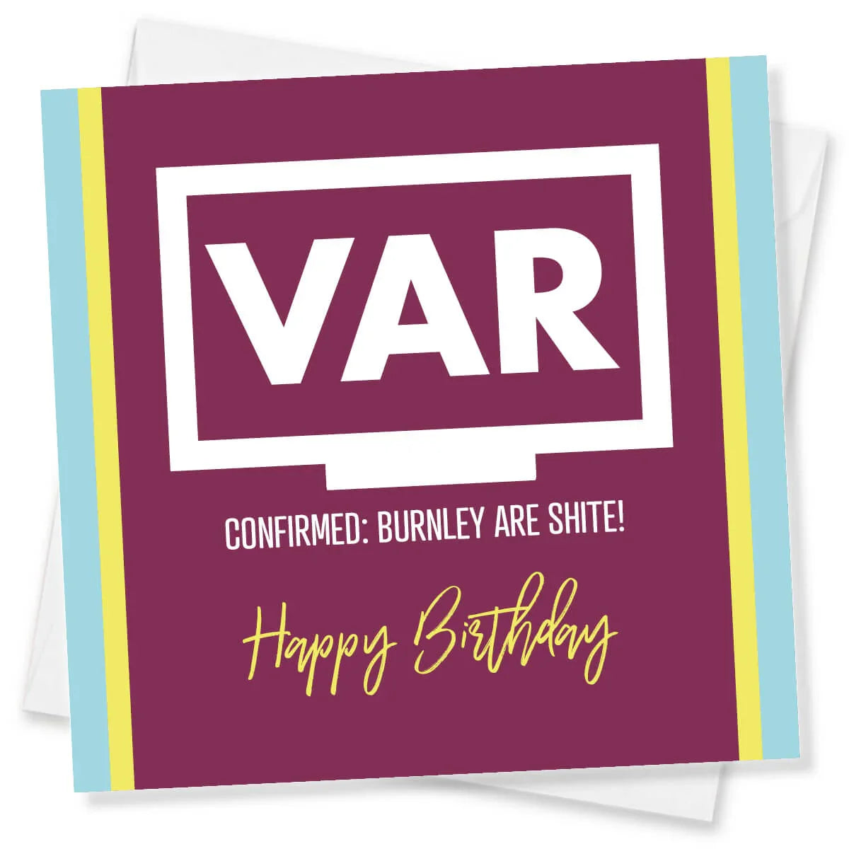 Birthday card with 'VAR' and humorous text on a purple background