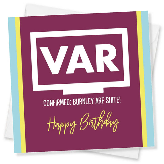 Birthday card with 'VAR' and humorous text on a purple background