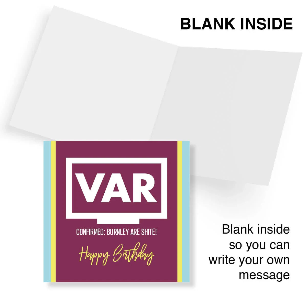 Greeting card with 'VAR' and humorous birthday message on a purple background