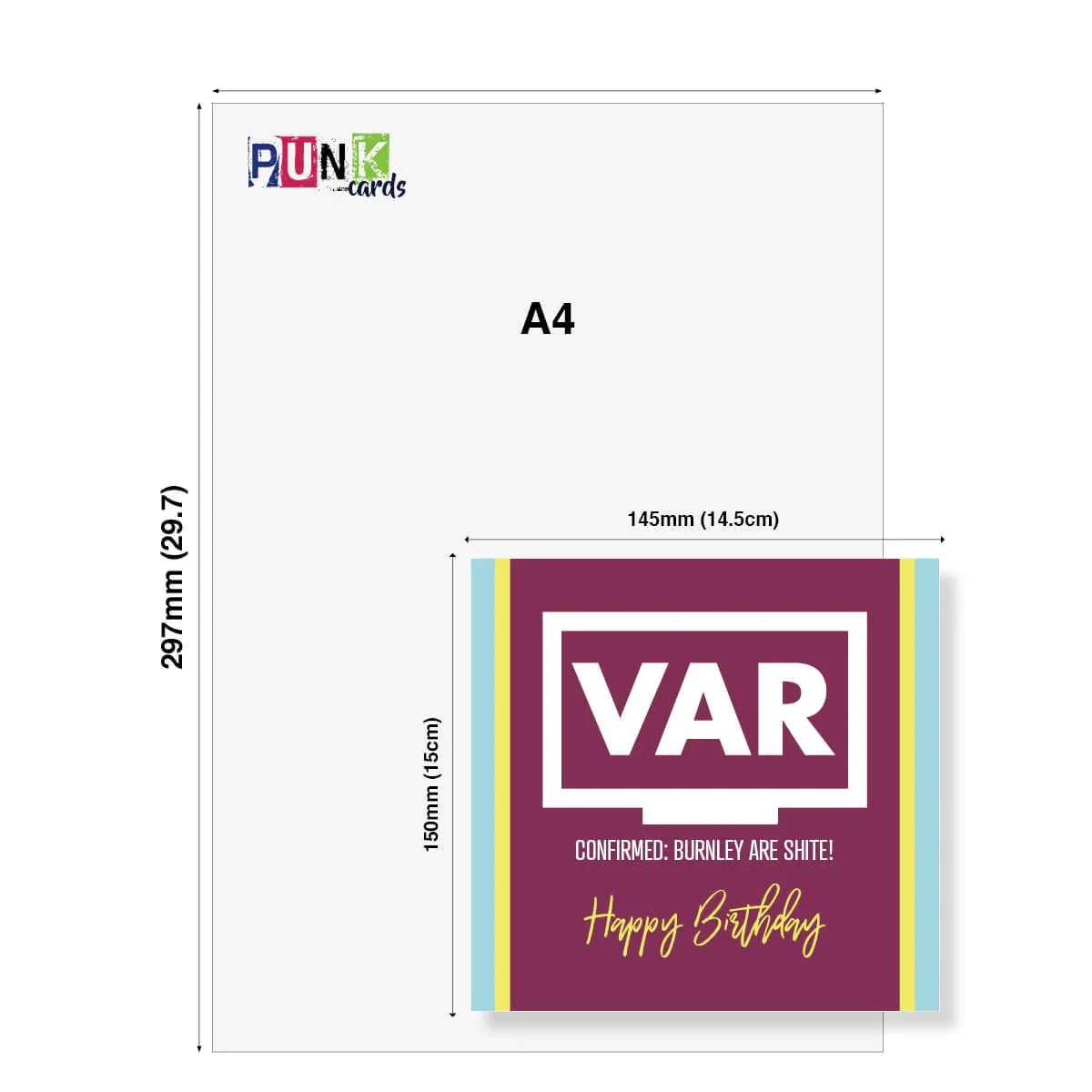 Greeting card with 'VAR' design and dimensions on a white background