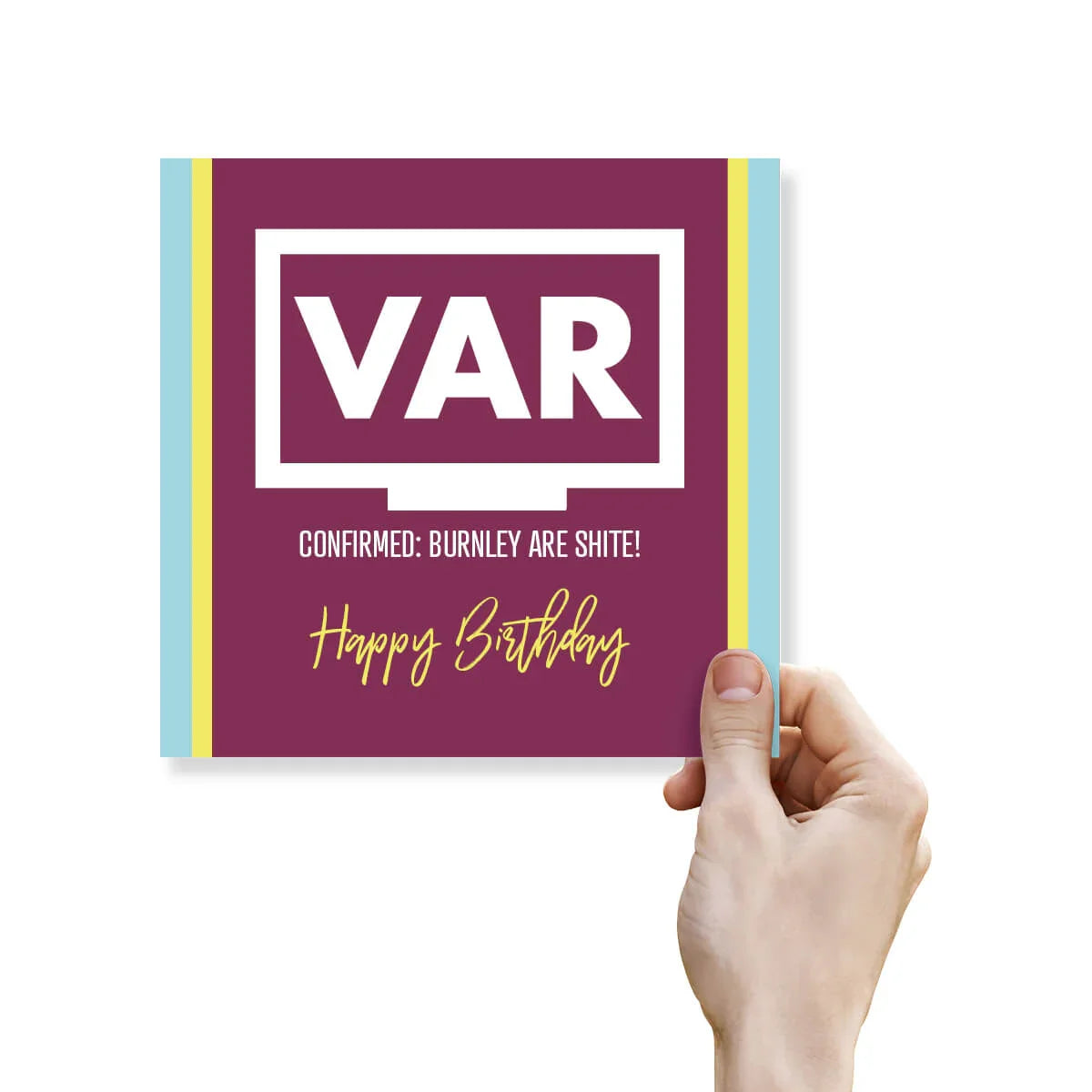 Hand holding a birthday card with 'VAR' and humorous text on a white background