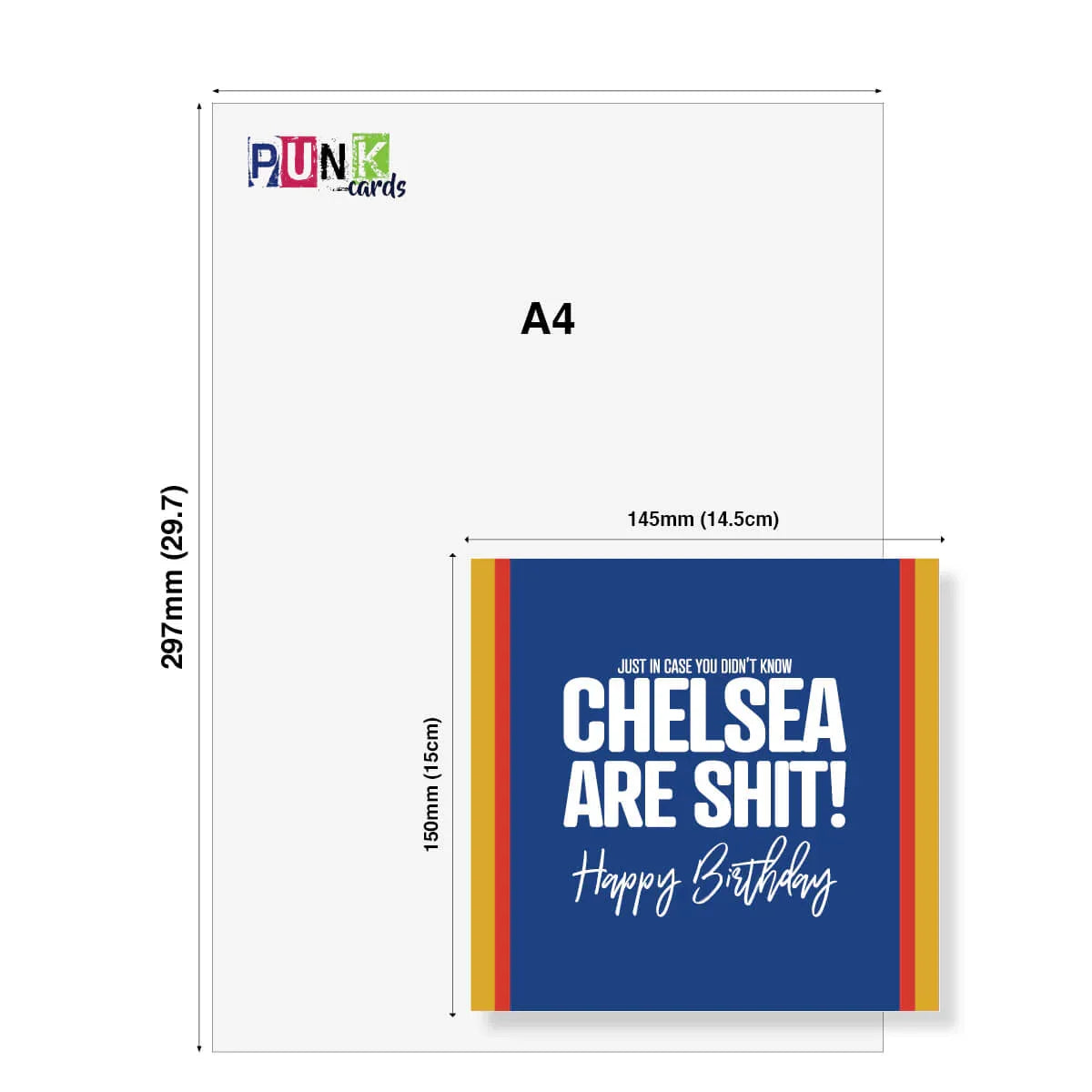 A4 size card with 'Chelsea are shit! Happy Birthday' text on a blue background, featuring the Punk Cards brand.