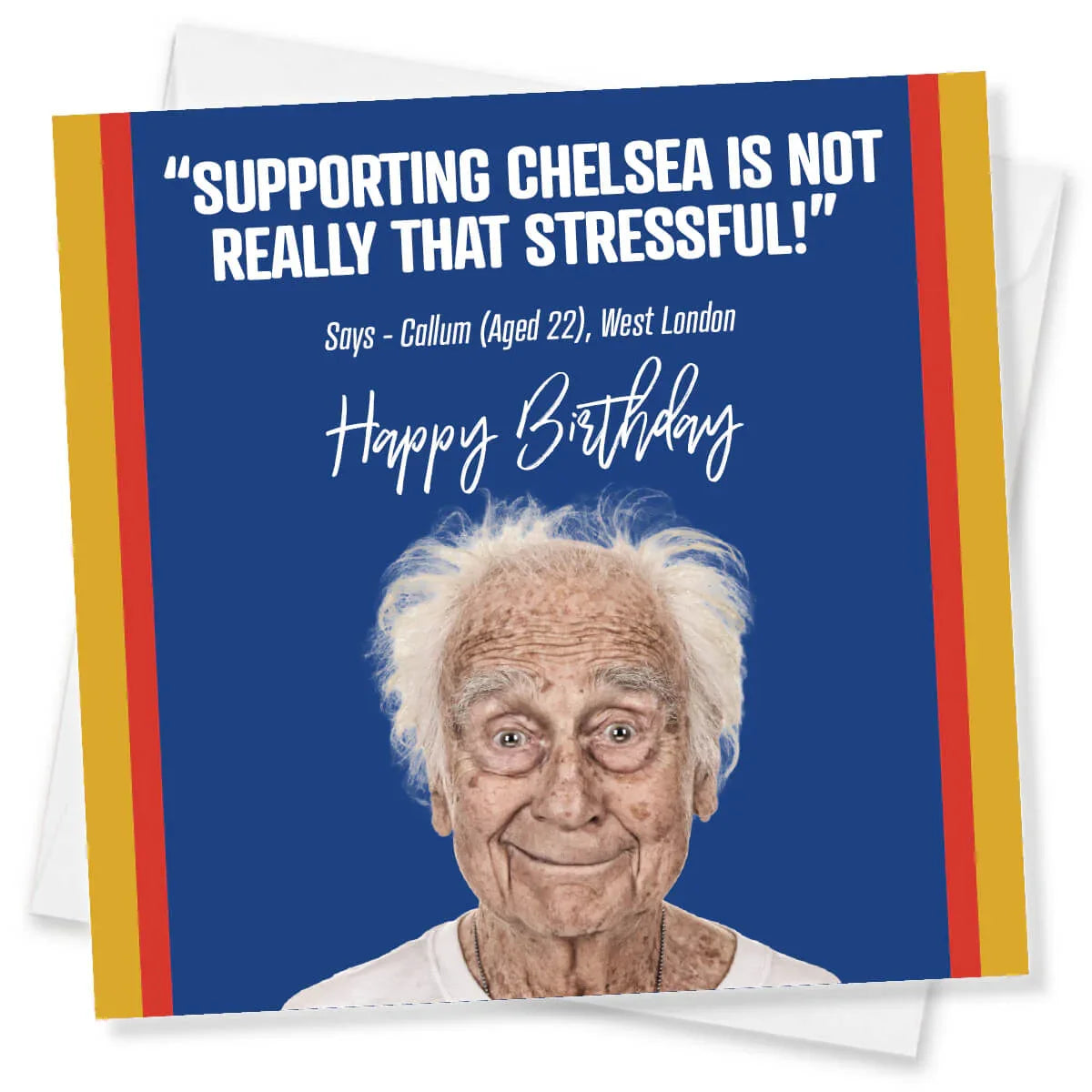 Birthday card with an elderly man's face and humorous text on a blue background