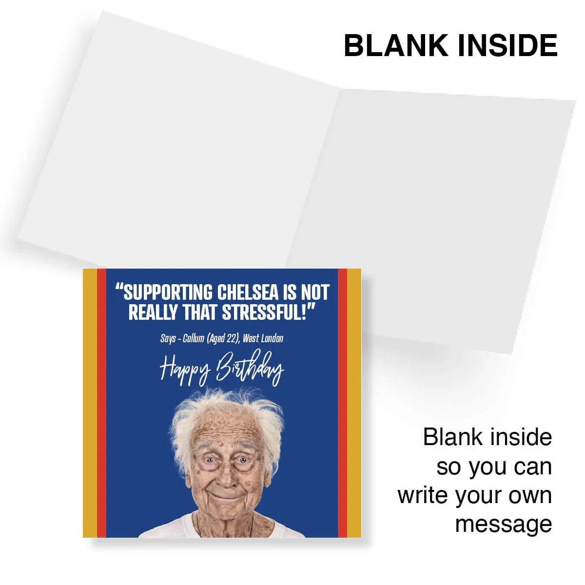 Greeting card with an elderly man's face on a blue background, featuring text and a message to write inside.