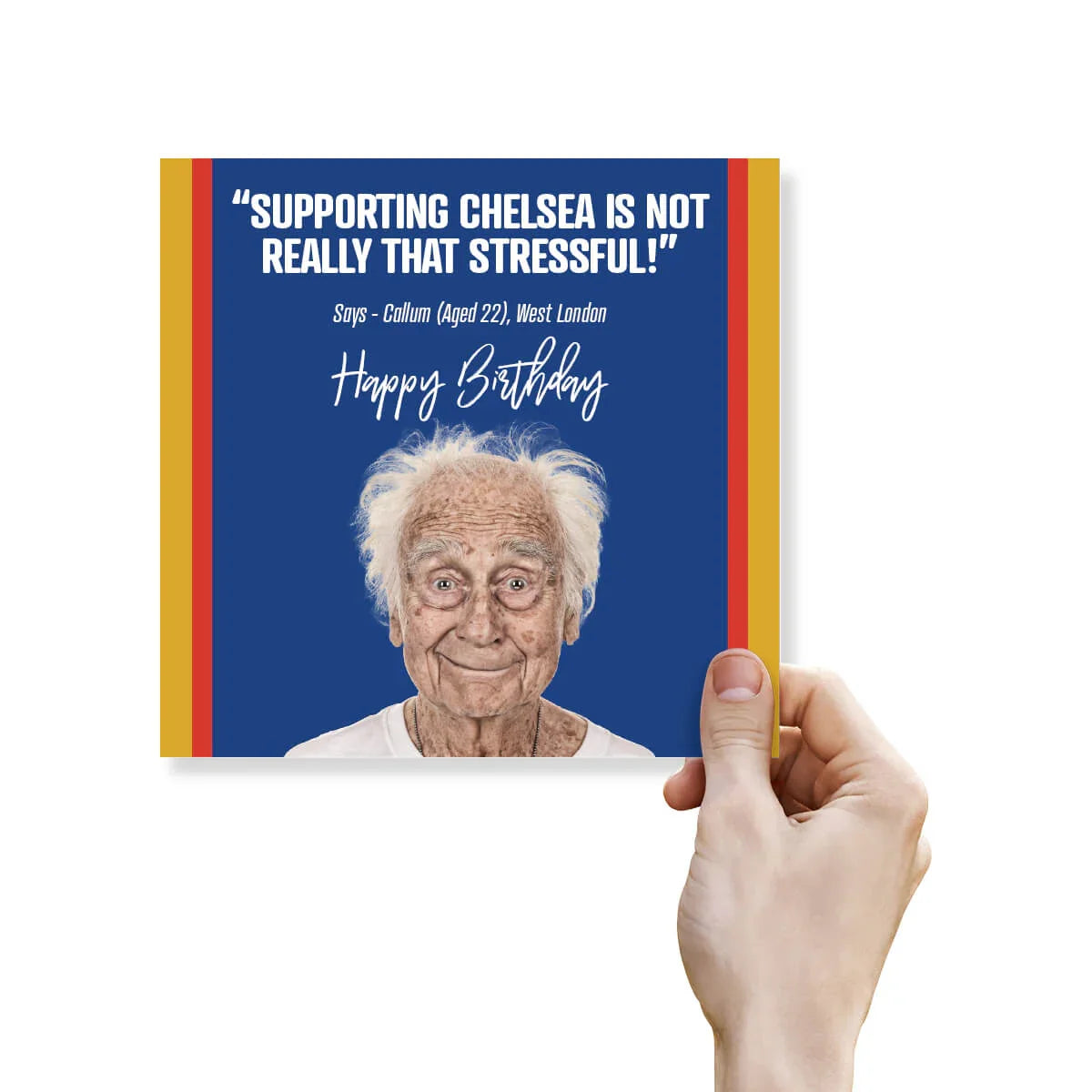 Hand holding a birthday card with an elderly man's face and humorous text on a blue background.