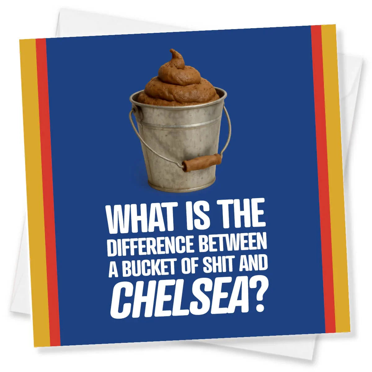 Card with a bucket of poop graphic and humorous text on a blue background